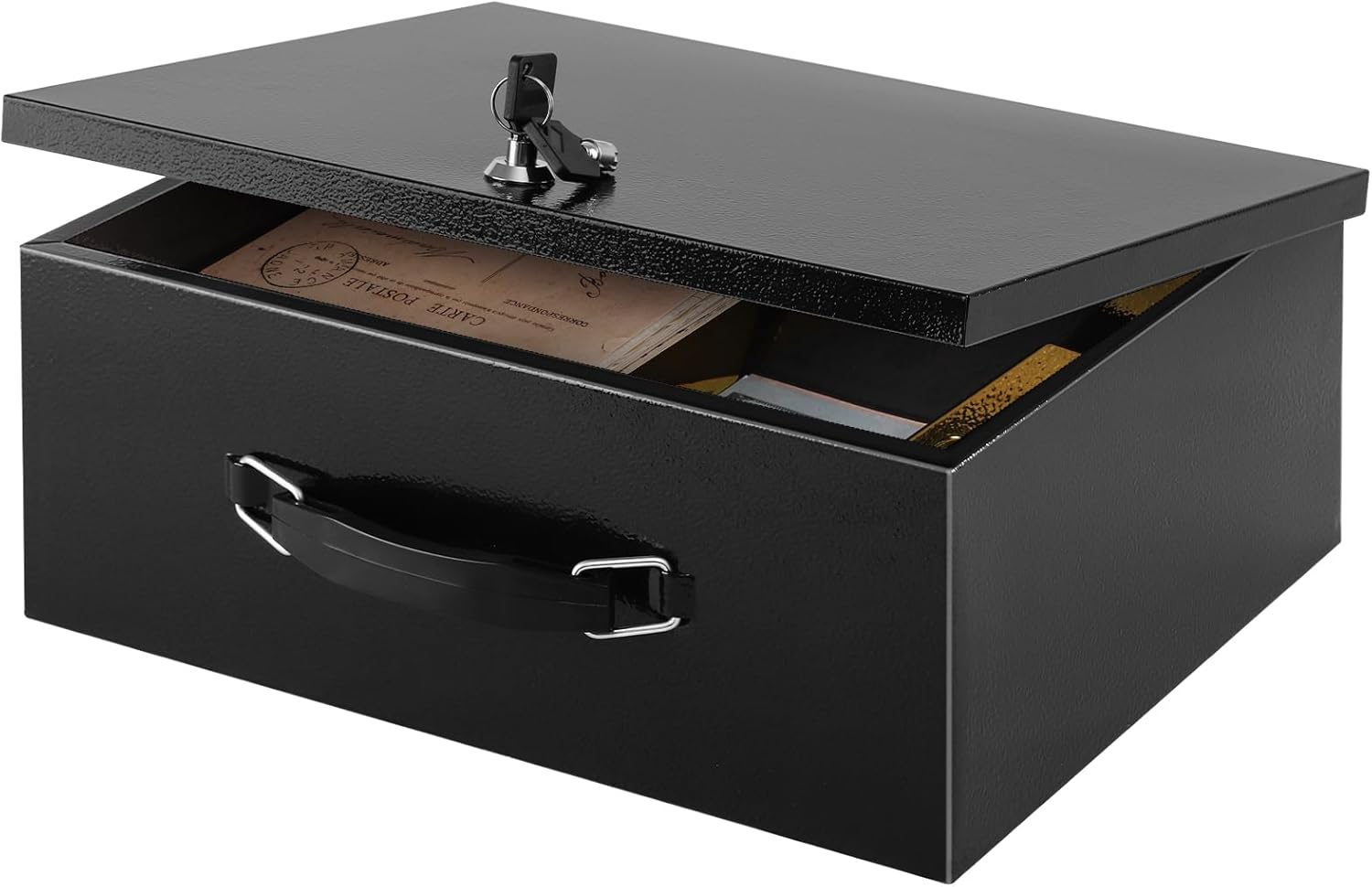 Installing xydled Fire Resistant Security Lock Box Alloy Steel Black on a wooden desk