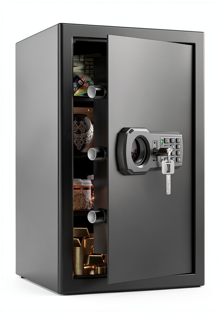EVSUVSRT home safe mounted on a wall in a home office