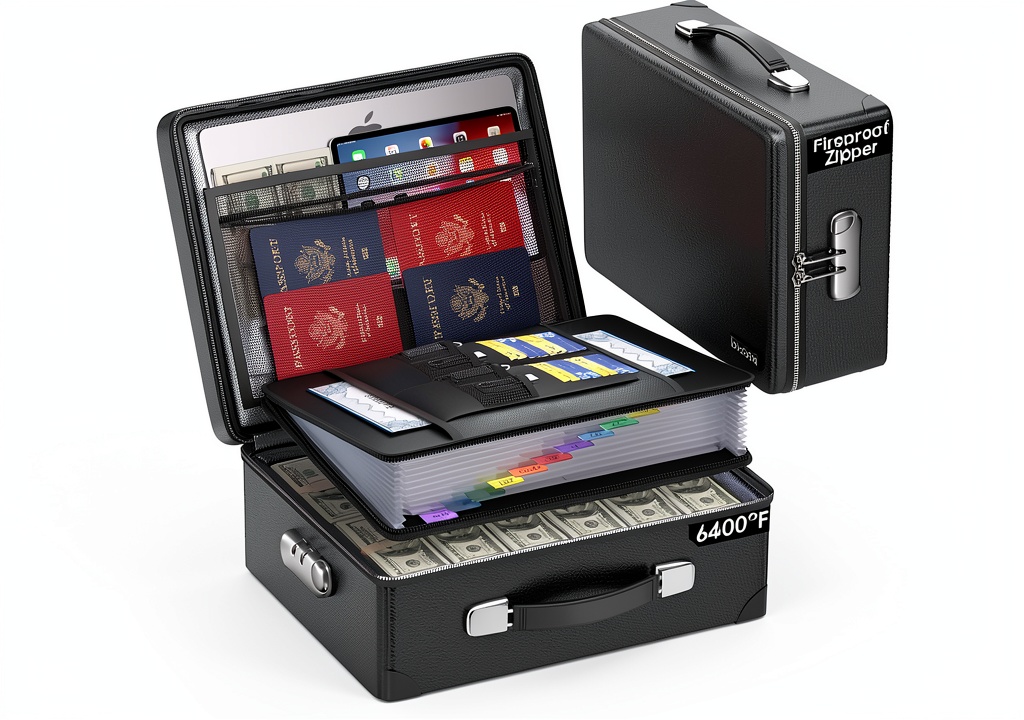 DocSafe Fireproof Document Box showcasing its black hard-shell design and interior compartments