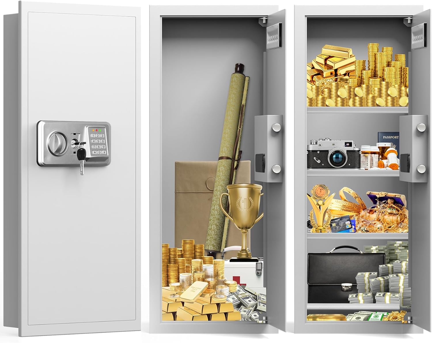 GUVELI wall safe installed flush in a wall with shelves visible