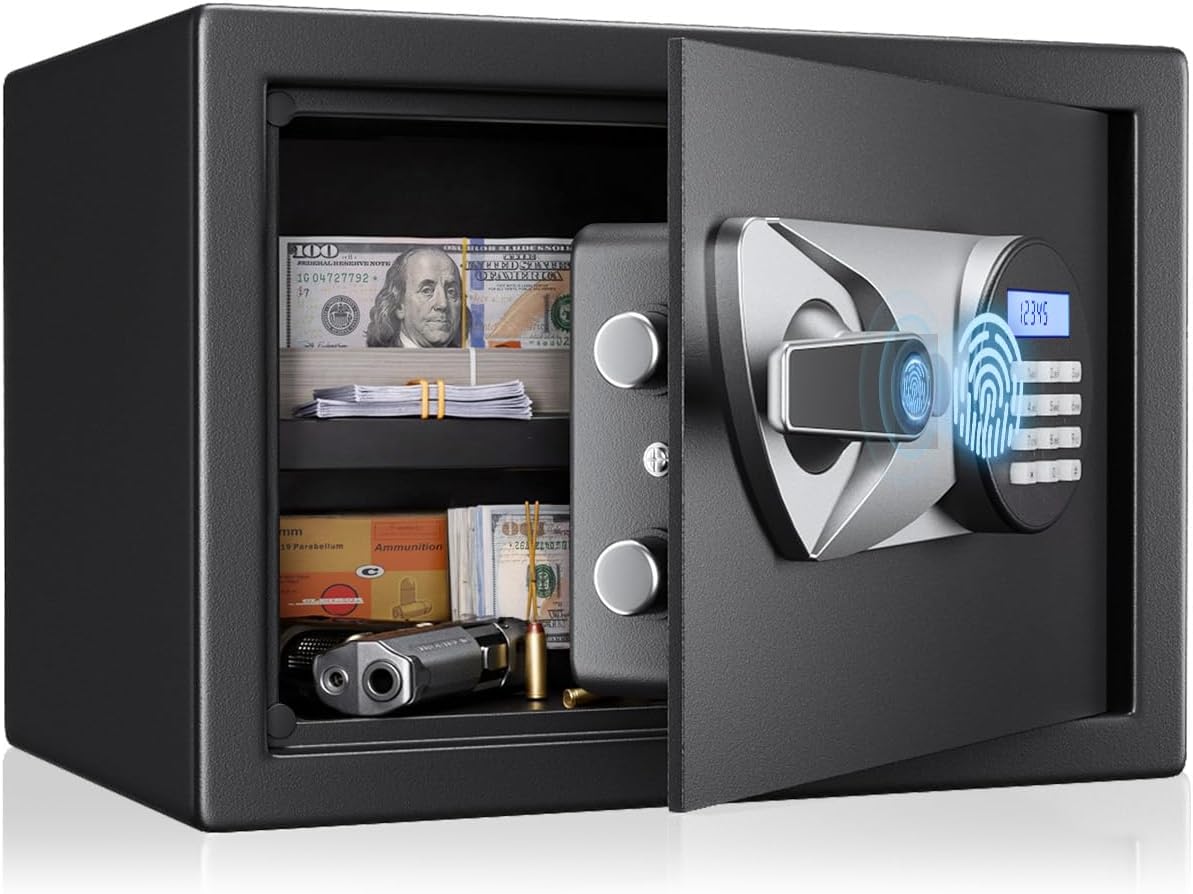 BlackSmith biometric wall safe mounted on a wall with interior shelf visible