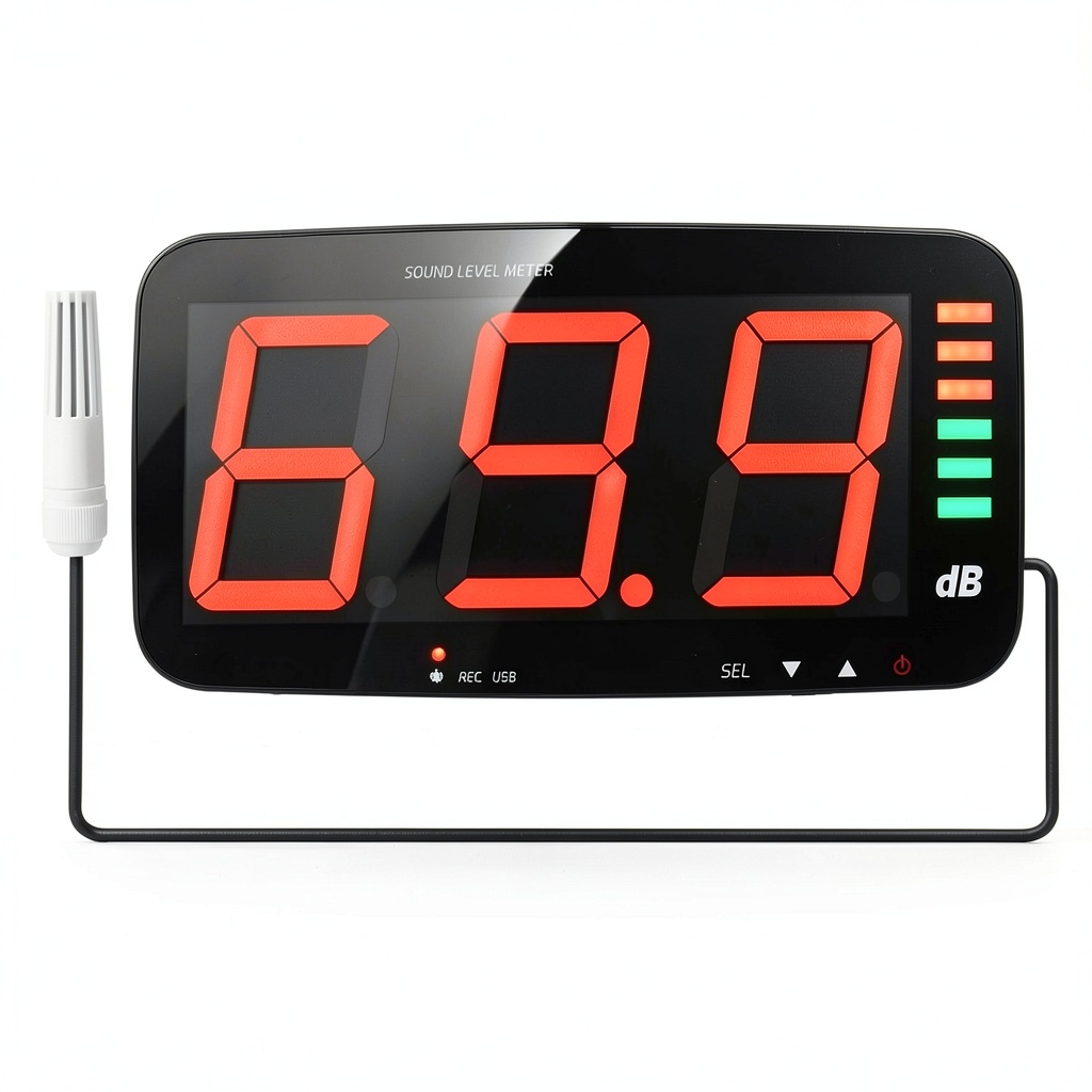 DANOPLUS decibel meter mounted on a classroom wall monitoring noise levels
