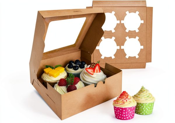 Brown Paper Cupcake Boxes MUMULULU 8 Pack with Clear Window-0